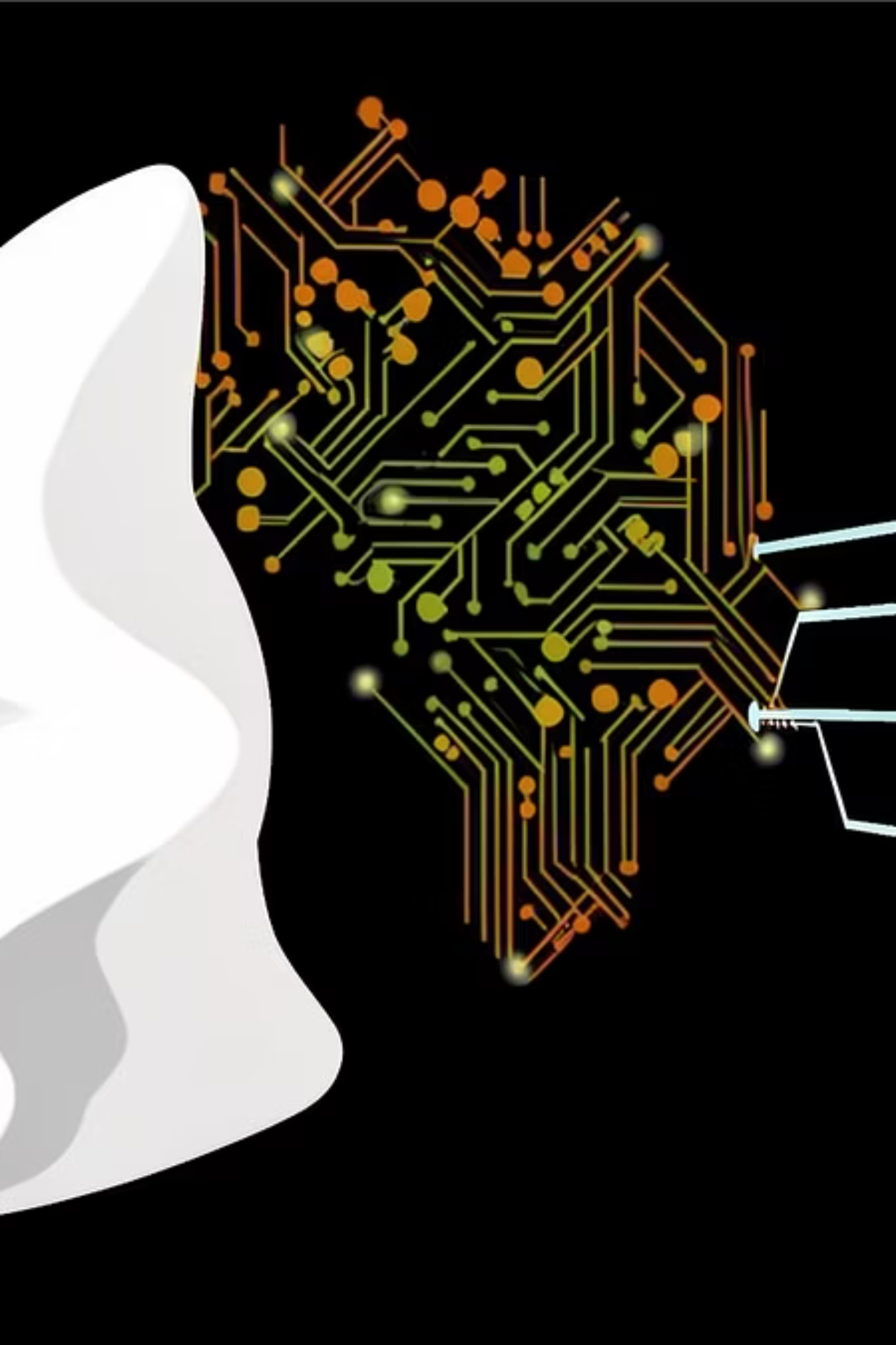 A silhouette of a human head with circuit board patterns, representing digital cognition and conspiracy research